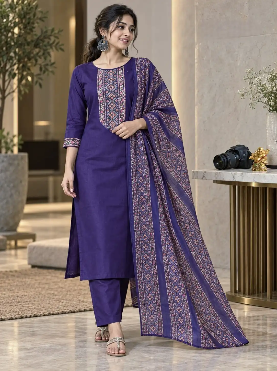 Indigo Blue Rayon Slub Cotton Straight Salwar Set